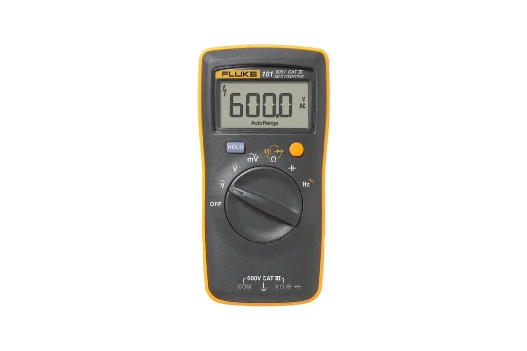 Fluke 101 compact digital multimeter with its rotary dial and two input jacks