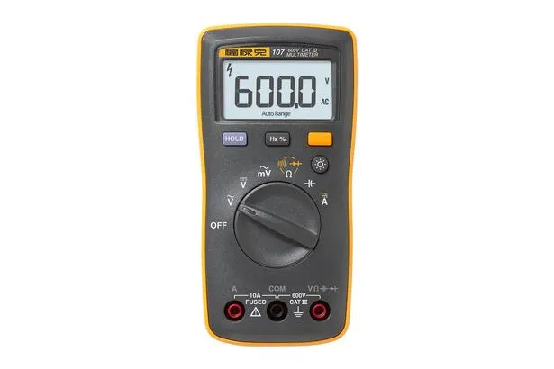Fluke 107 palm-sized digital multimeter with yellow holster, front view